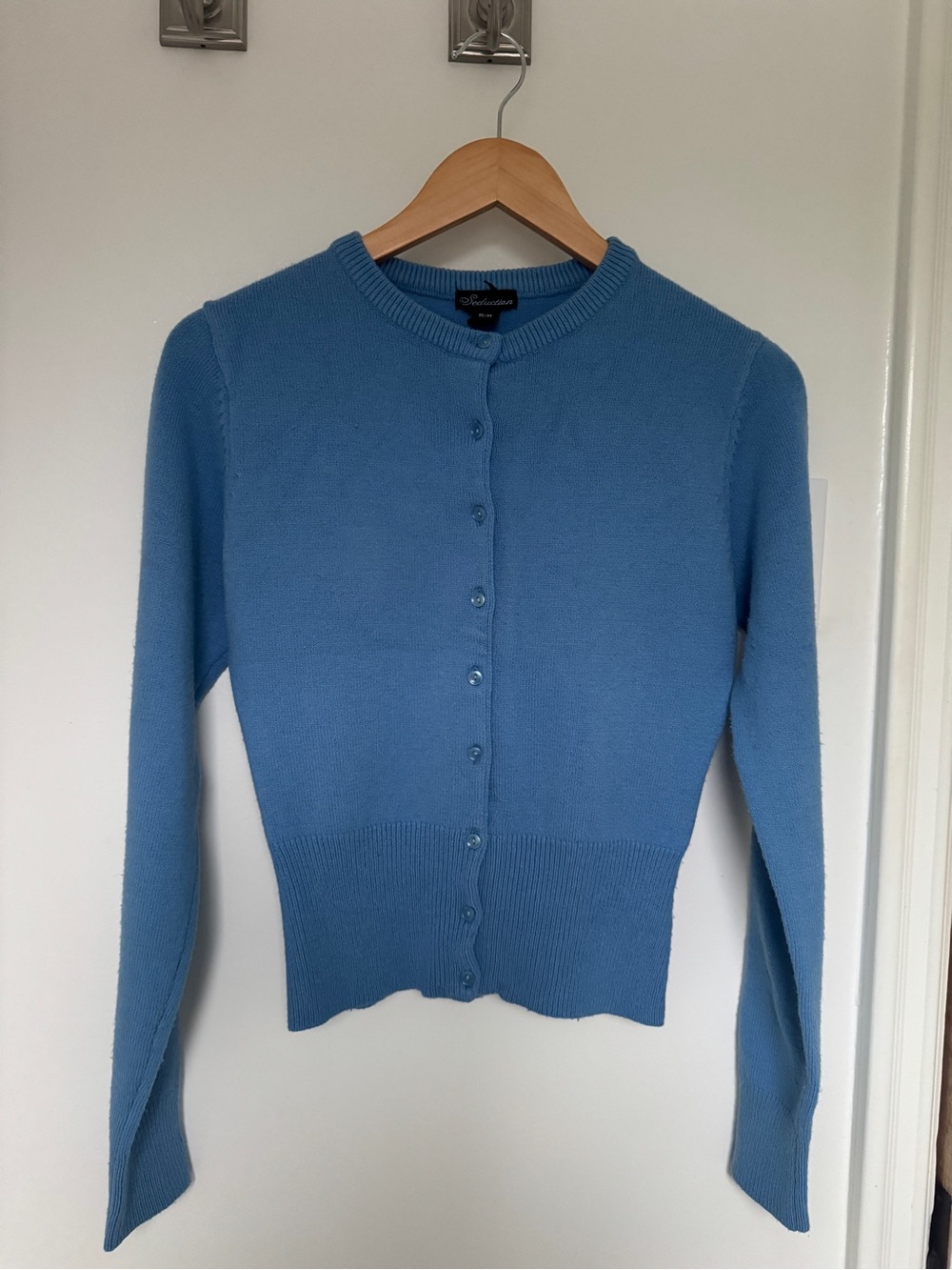 Blue Crewneck Button Cardigan Sweater